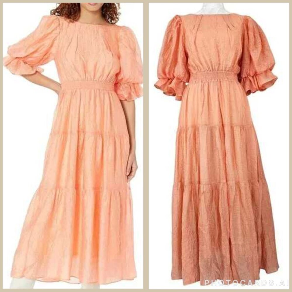 MOON RIVER Womens Sz S Puff Sleeve Tiered Back cutout Midi Dress Coral Cocktail - Picture 2 of 16